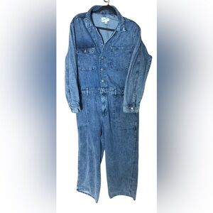 Vintage Denim Utility Jumpsuit Long Sleeve Button Front – No Belt Included
